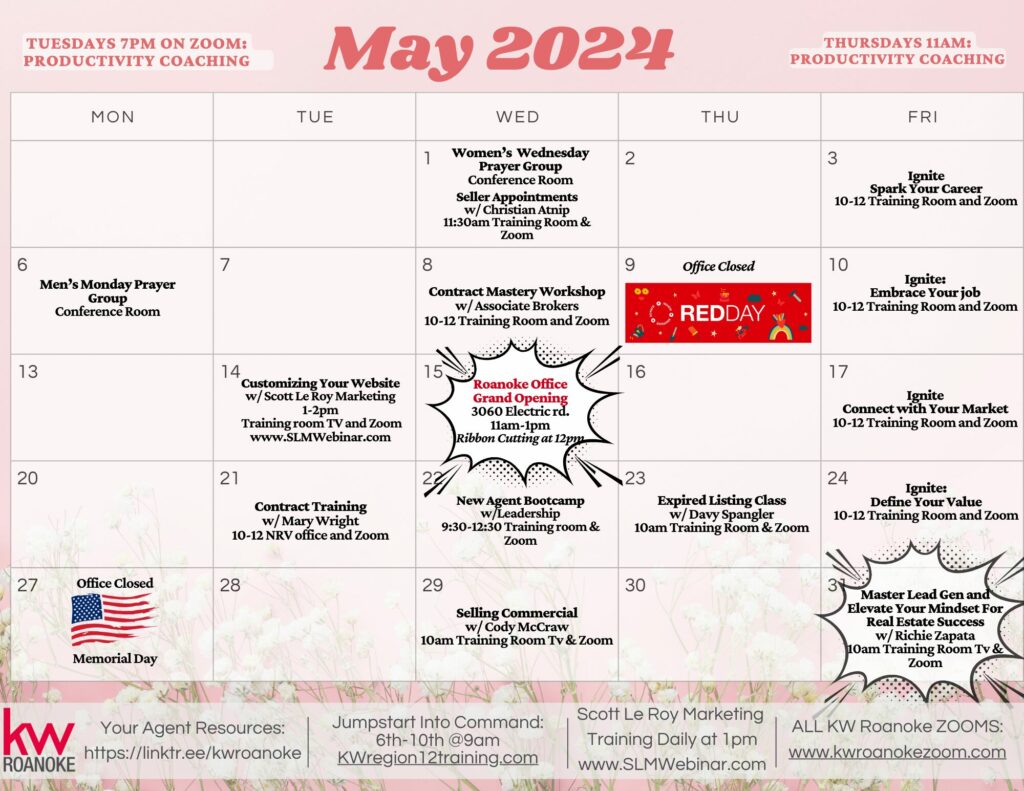 Monthly Events and Training Calendar Keller Williams Realty Roanoke