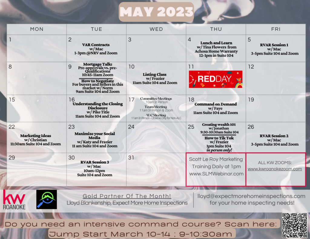 Monthly Events and Training Calendar Keller Williams Realty Roanoke